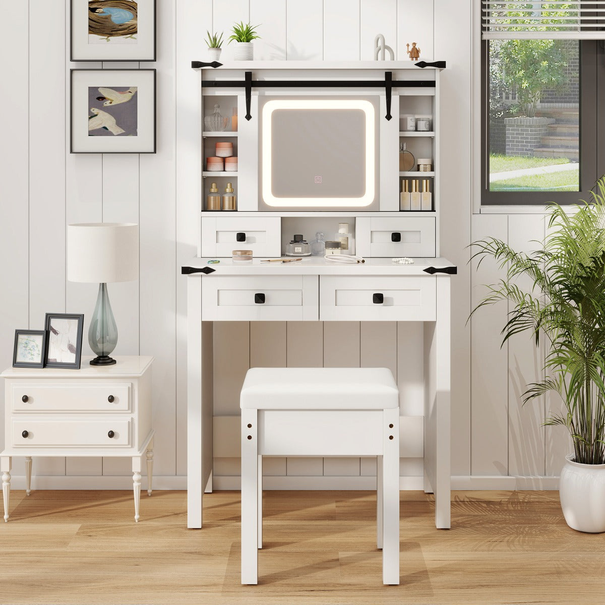 Mesa de Tocador Estilo Celeiro com Espelho Deslizante Luzes LED Ajustáveis Gavetas e Prateleiras 79 x 40 x 138 cm Branco