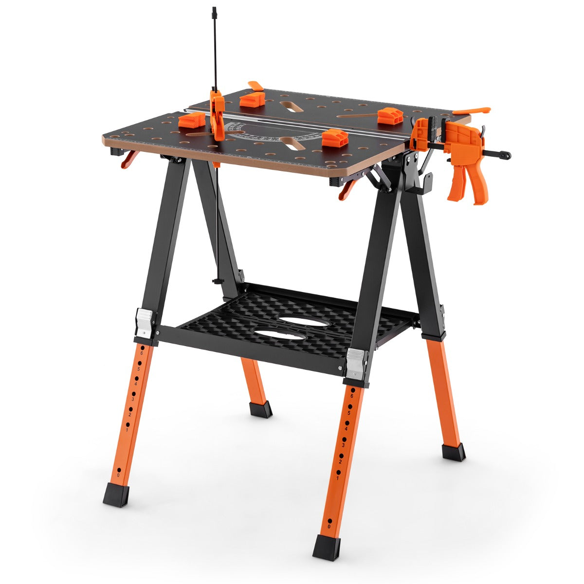 Mesa de Trabalho Dobrável 2 em 1 com 2 Grampos Rápidos 4 Cães de Grampos 8 Alturas Ajustáveis e Prateleira para Ferramentas Laranja