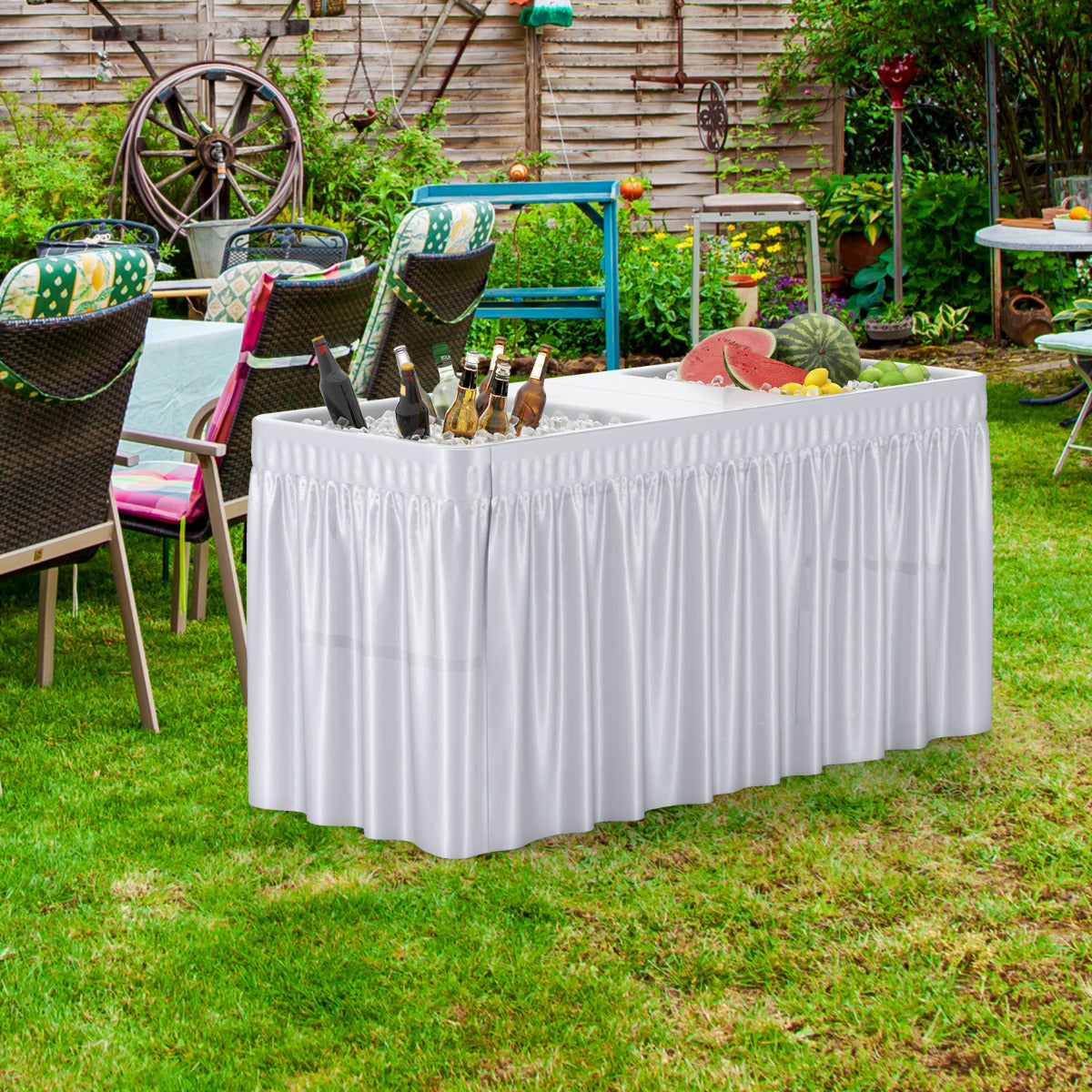 Mesa Refrigeradora de Gelo Dobrável de 151 cm Mesa Refrigerante para Exteriores com Dupla Pia Saia de Mesa Portátil para Campismo Branco