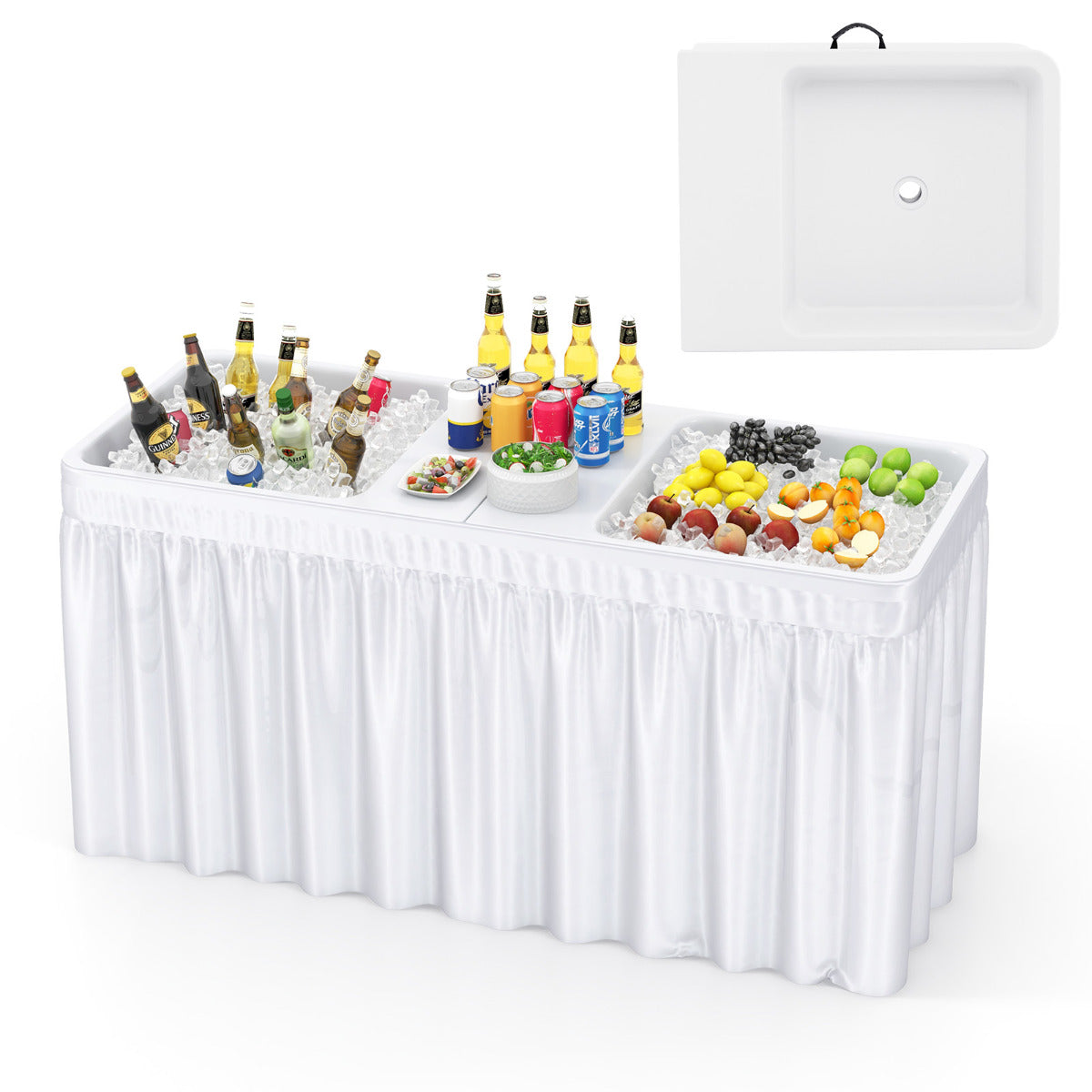 Mesa Refrigeradora de Gelo Dobrável de 151 cm Mesa Refrigerante para Exteriores com Dupla Pia Saia de Mesa Portátil para Campismo Branco