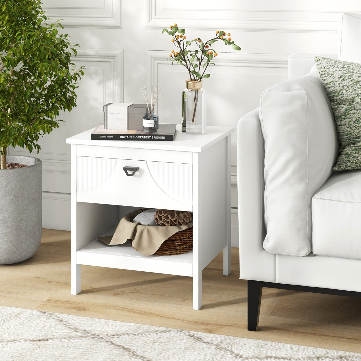 Mesa Lateral de 2 Níveis com Gaveta Mesa de Madeira com Prateleira Mesinha de Cabeceira de 2 Níveis para Quarto Sala de Estar Branca