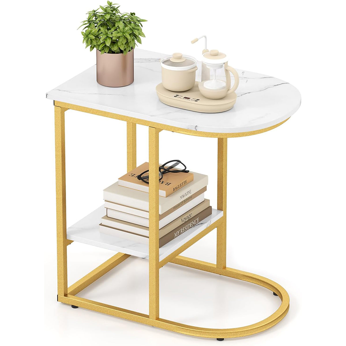 Mesa Lateral Moderna em Forma de C com Superfície de Mármore Artificial e Prateleira de Sofá de 2 Níveis para Sala de Estar Quarto Branco