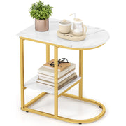 Mesa Lateral Moderna em Forma de C com Superfície de Mármore Artificial e Prateleira de Sofá de 2 Níveis para Sala de Estar Quarto Branco