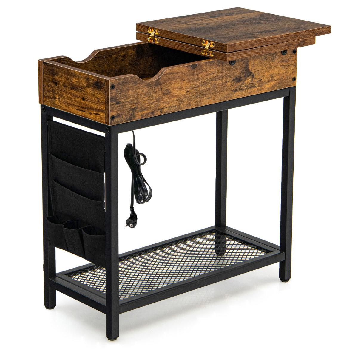 Mesa Lateral com Estação de Carregamento Tampa Abatível Bolso Prateleira Portas USB Estreita para Sala Quarto 60 x 30 x 58,5 cm Castanho