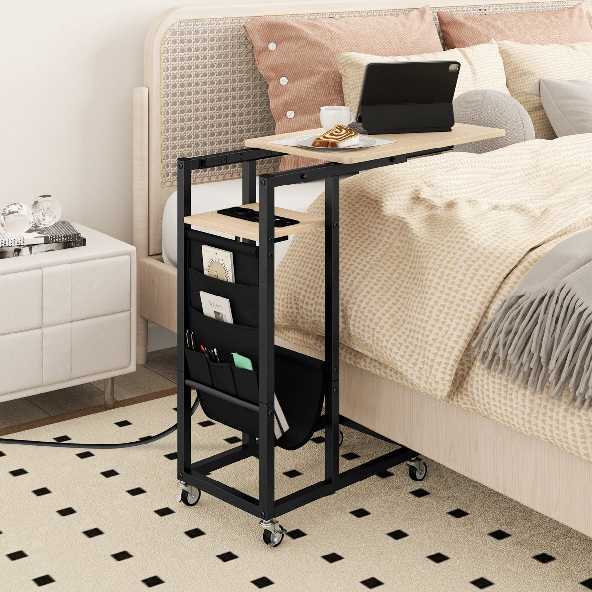 Mesa Lateral Retrátil com Estação de Carga e Rodas – Cinzenta – Metal e Madeira