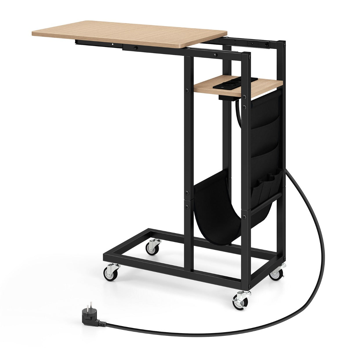 Mesa Lateral Retrátil com Estação de Carga e Rodas – Cinzenta – Metal e Madeira