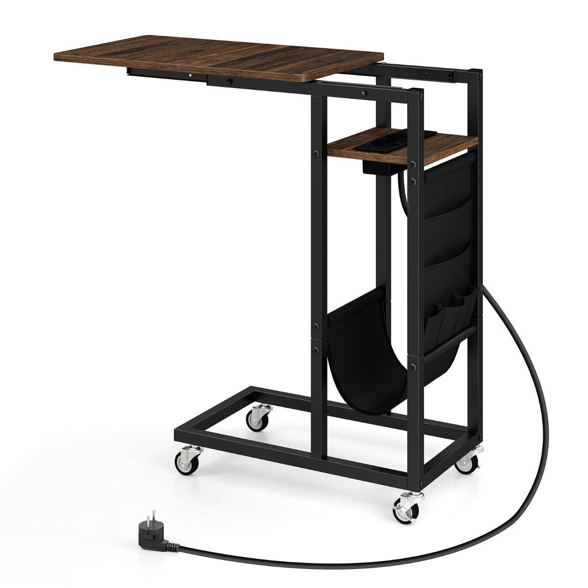 Mesa Lateral Retrátil com Estação de Carga e Rodas - Marrom - Metal