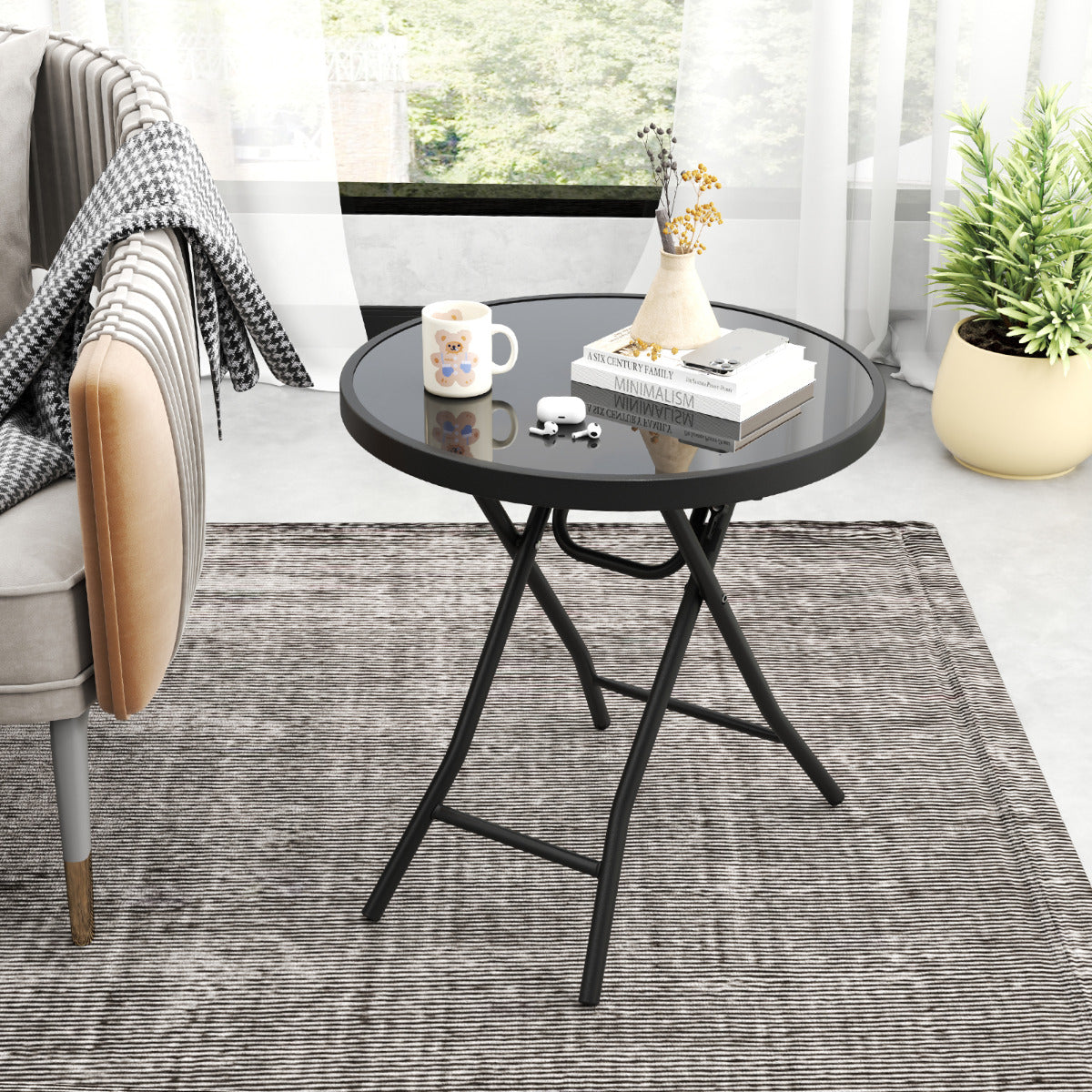 Mesa Lateral Dobrável – 46 cm – Preto – Vidro Temperado e Metal