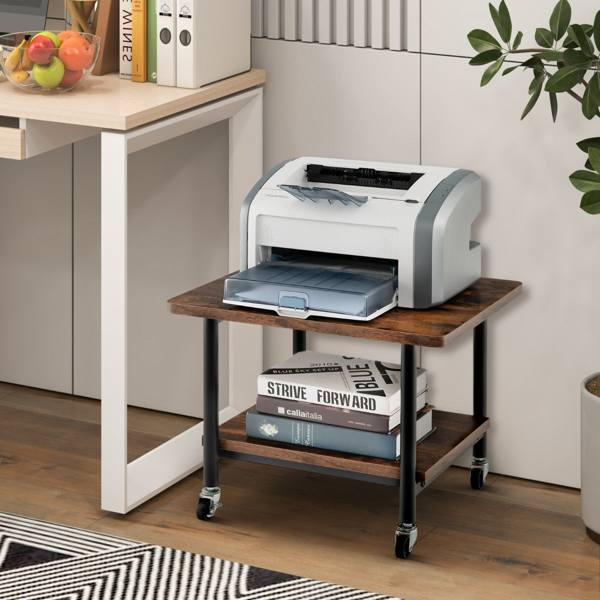 Carrinho de Impressora com 4 Rodas e Mecanismo de Bloqueio - Mesa Móvel com Prateleira 49 x 40 x 38 cm - Castanho