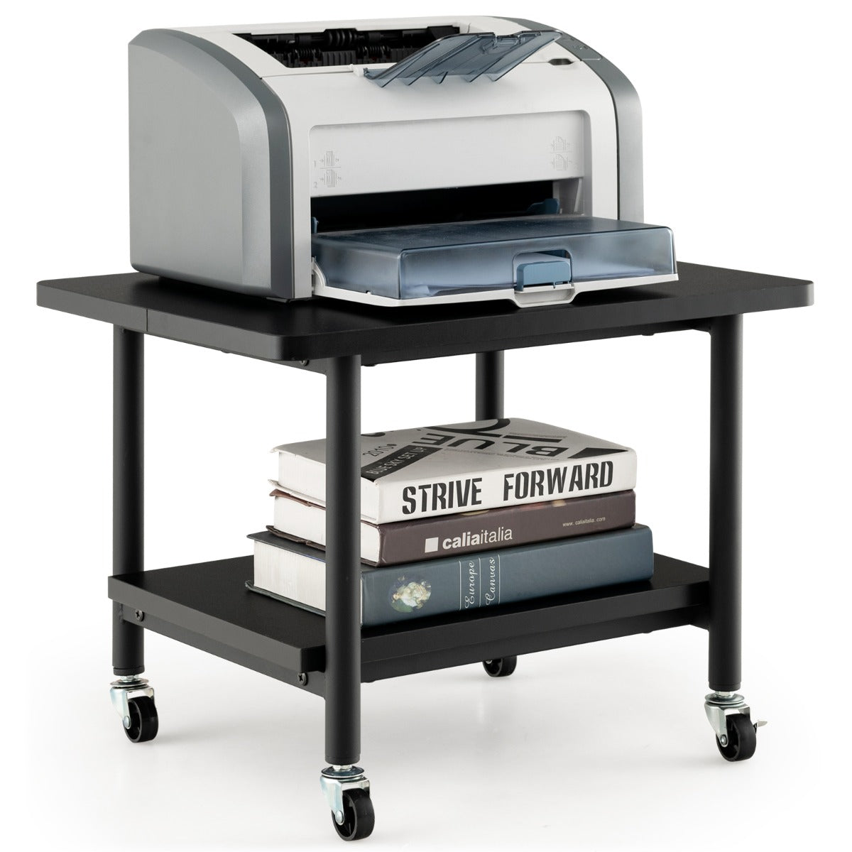 Mesa para Impressora com 4 Rodas e Mecanismo de Bloqueio - Carro Rolante com Prateleira 49 x 40 x 38 cm - Preto