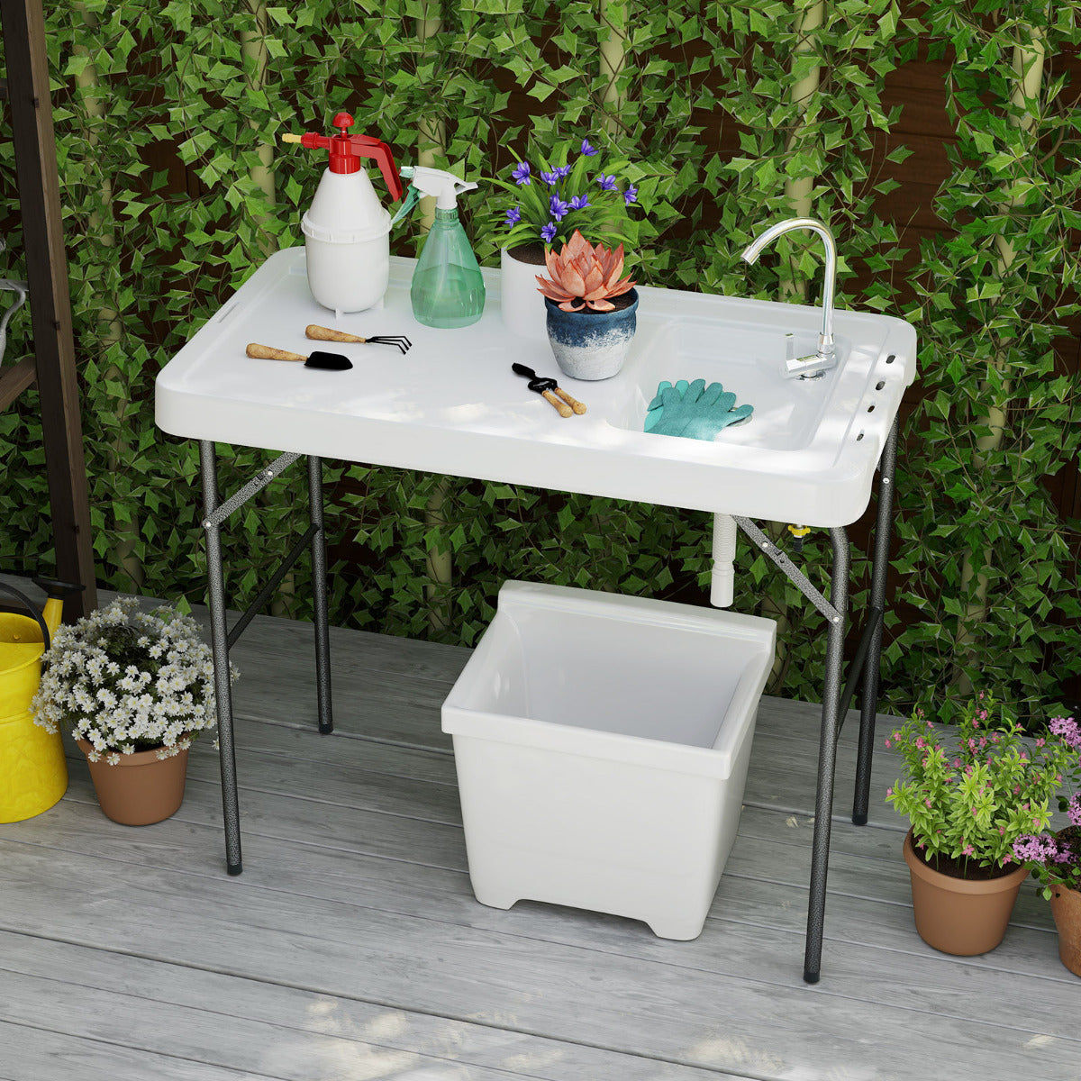 Mesa de Limpeza de Peixe Portátil Dobrável de 108 cm com Lavatório Torneira Giratória de 360° e Mangueira de Drenagem Estação de Filetagem