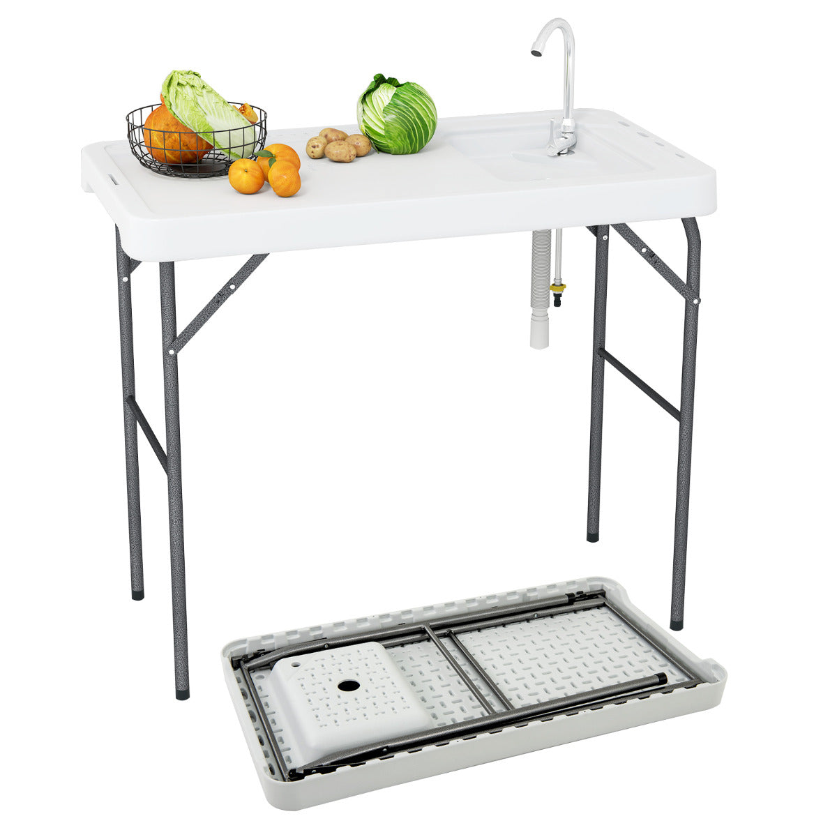 Mesa de Limpeza de Peixe Portátil Dobrável de 108 cm com Lavatório Torneira Giratória de 360° e Mangueira de Drenagem Estação de Filetagem