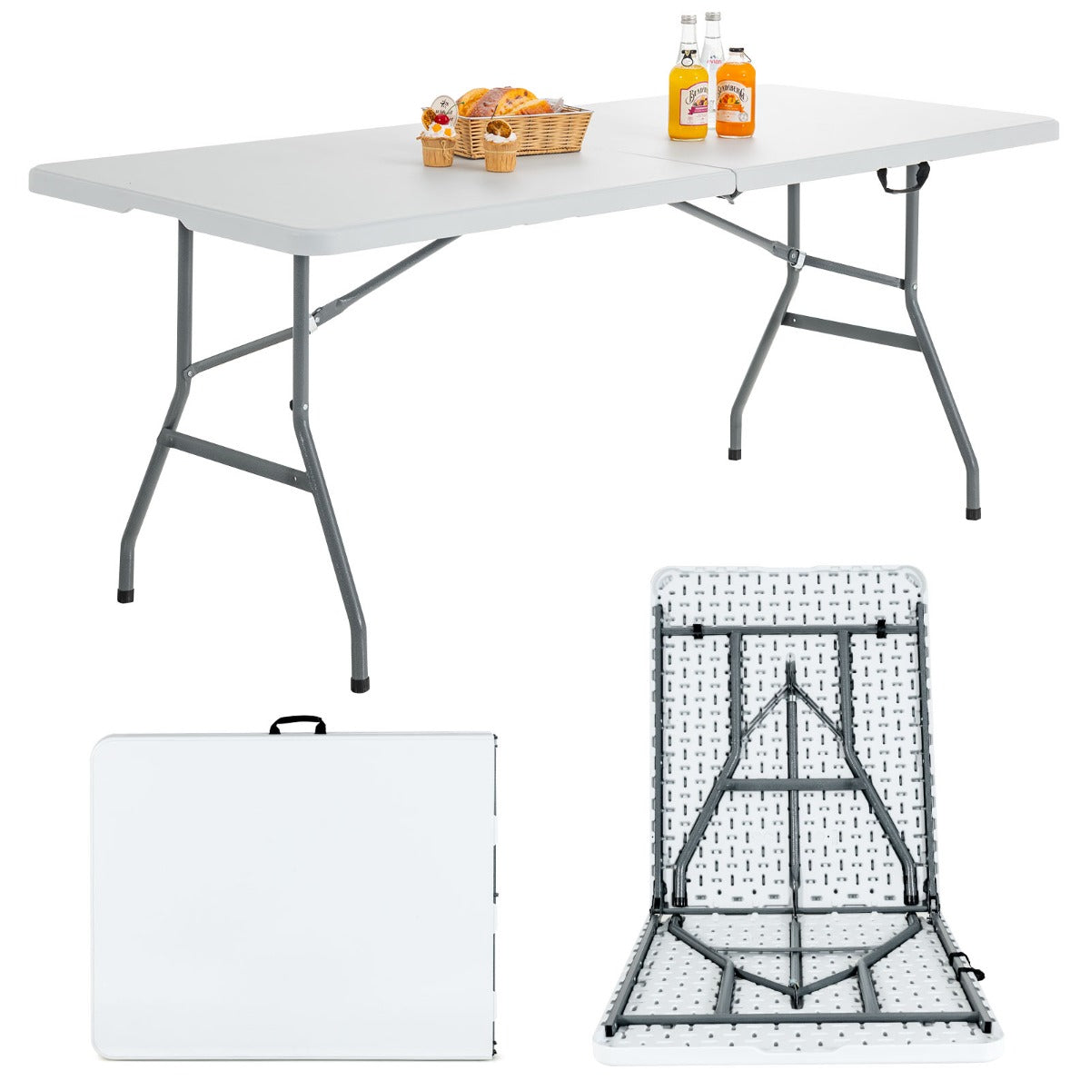Mesa Dobrável de Camping Portátil e Leve com Pega de Transporte Estrutura em Aço para Piqueniques Churrascos Estudo 180 x 73 x 73 cm Branco