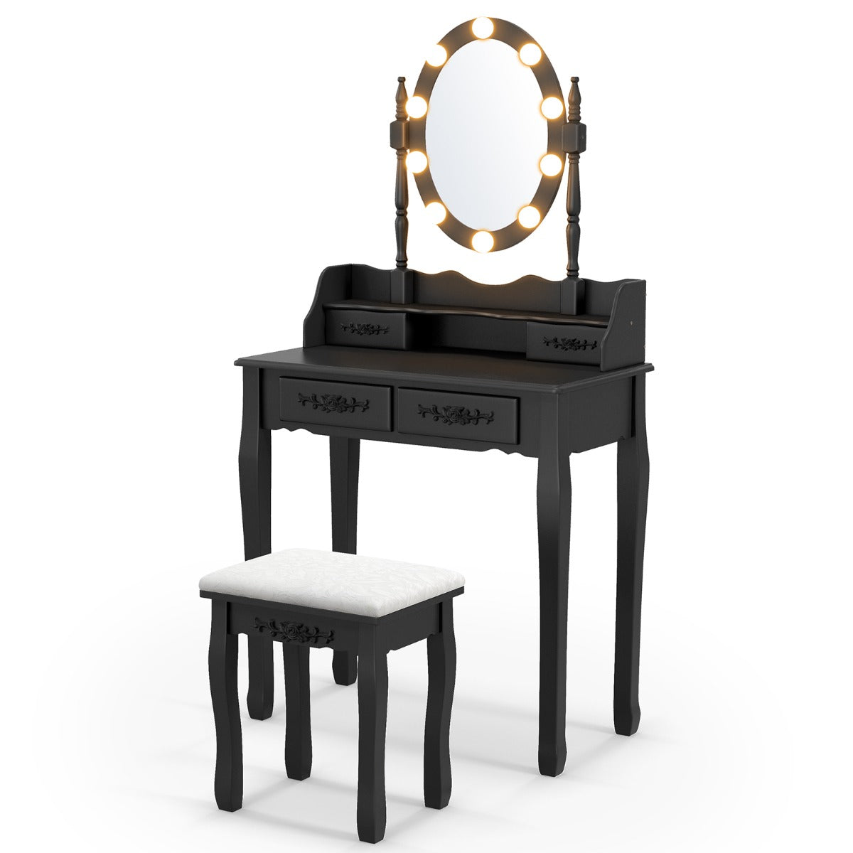 Conjunto de Mesa Toucador com 10 Luzes LED Espelho Iluminado Interruptor Tátil Luminosidade Regulável 4 Gavetas e Banco Acolchoado Preto