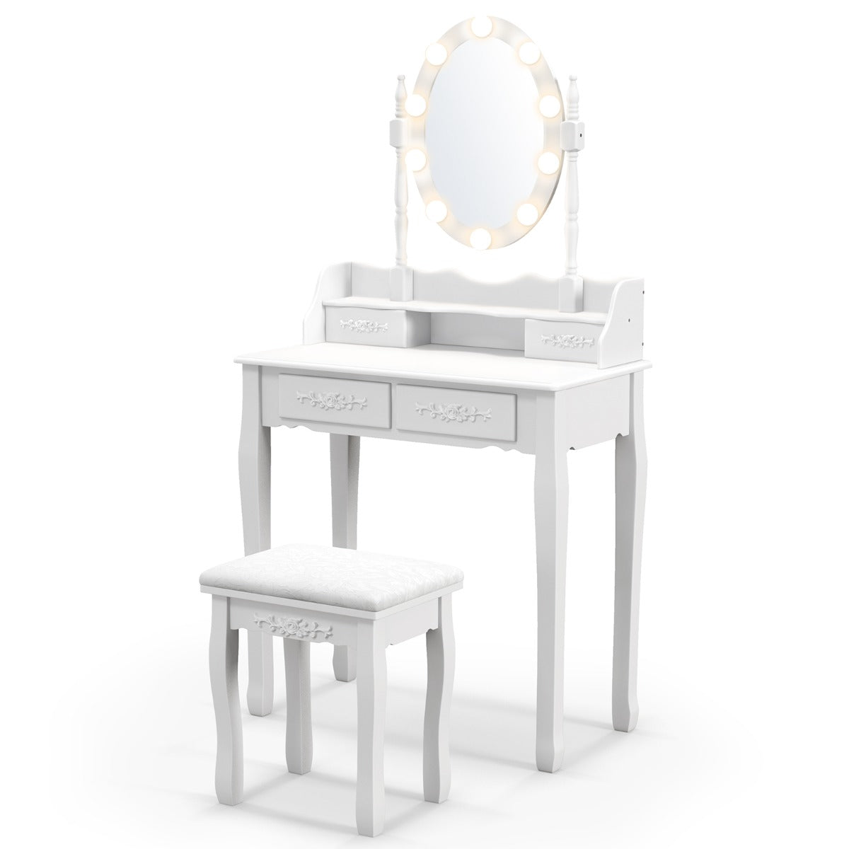 Conjunto de Mesa de Toucador com 10 Luzes LED Espelho Iluminado Interruptor Tátil Luminosidade Regulável 4 Gavetas e Banqueta Acolchoada Branca