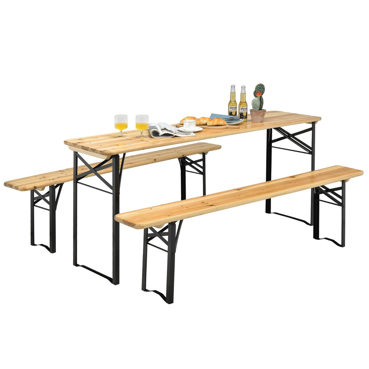 Conjunto de Mesa e Banco de Piquenique – 3 Peças – Natural – Madeira de Abeto e Aço