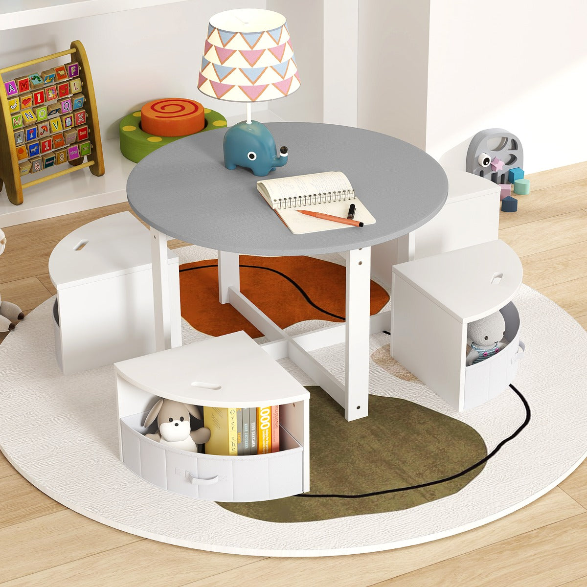 Conjunto de Mesa Redonda e 4 Taburetes – 79 x 79 x 51 cm (mesa), 33 x 33 x 28,5 cm (taburete) – Cinza – MDF