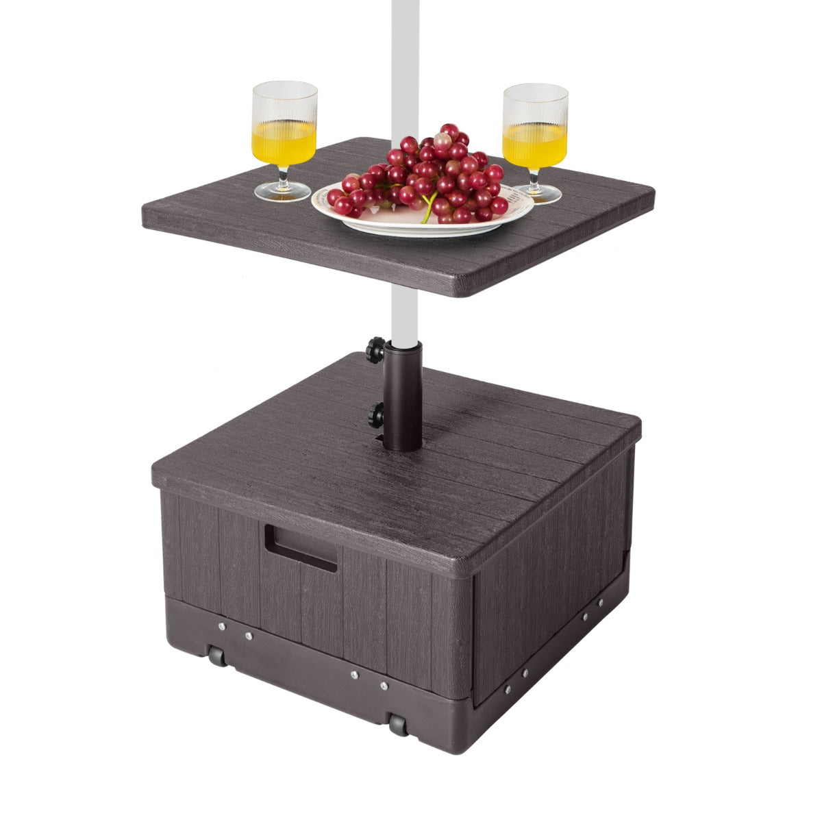 Mesa de Apoio de Jardim 3 em 1 para Exterior com Orifício para Guarda-Sol, Pegas Laterais e Rodas para Pátio Jardim 53 x 53 x 45 cm Castanho