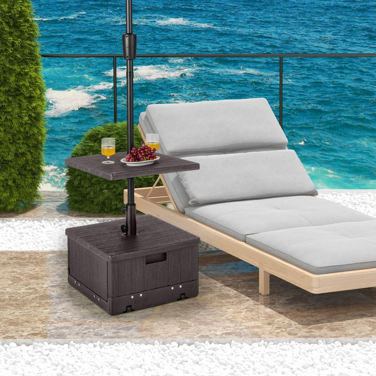Mesa de Apoio de Jardim 3 em 1 para Exterior com Orifício para Guarda-Sol, Pegas Laterais e Rodas para Pátio Jardim 53 x 53 x 45 cm Castanho