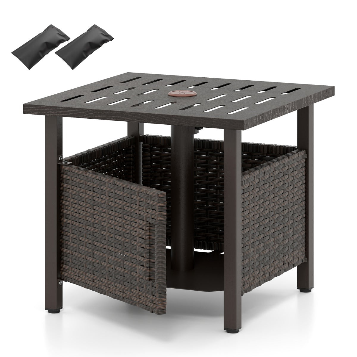 Mesa de Apoio de Jardim Auxiliar para Exterior com Orifício para Guarda-Sol em Ratan com Tampo de Liga de Zinco-Ferro - 55,5 cm