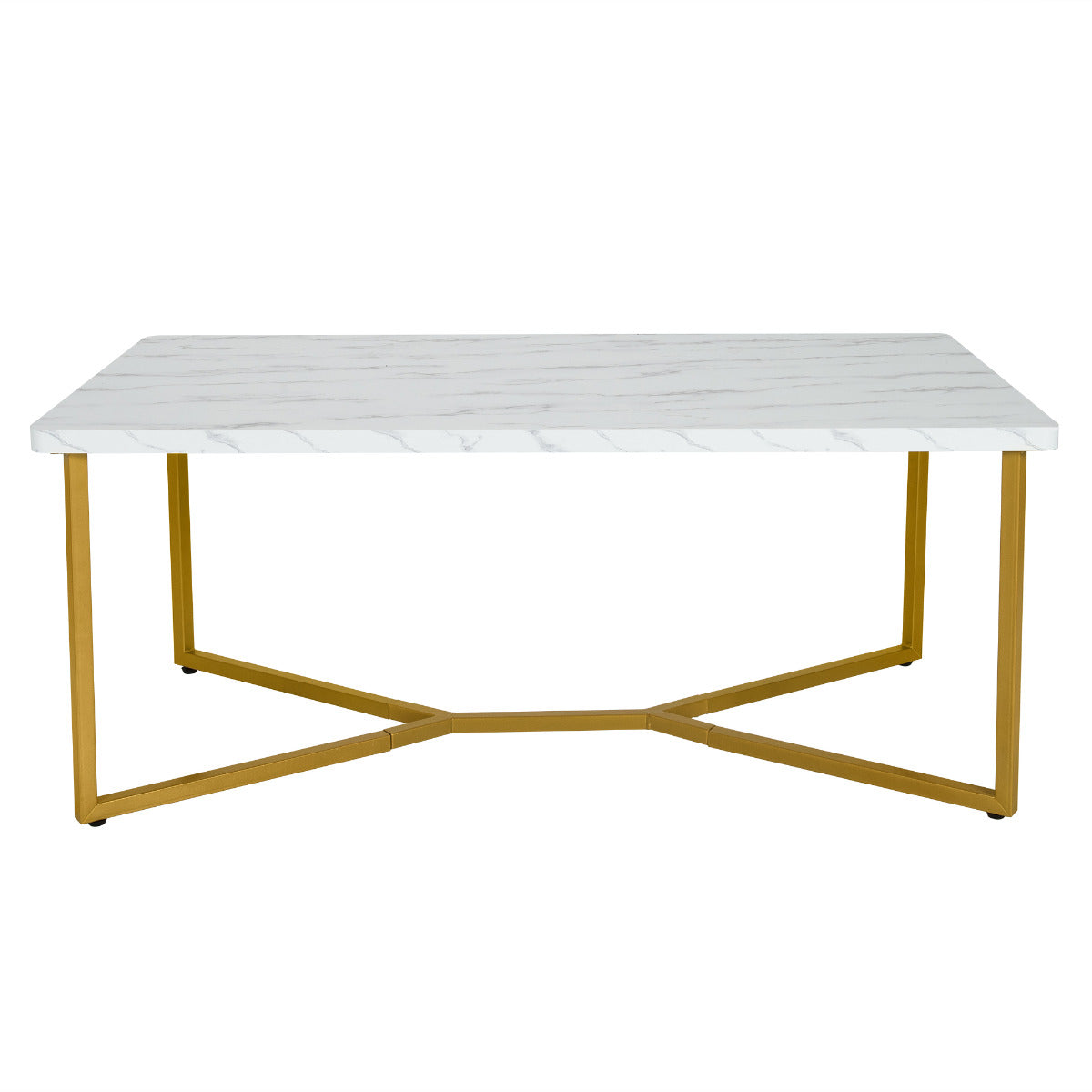 Mesa de Centro Moderna com Tampo em Falso Mármore e Estrutura Dourada para Sala de Estar Escritório ou Sala de Espera Branca 107 x 60 x 45,5 cm