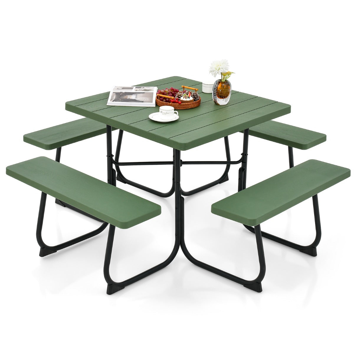 Mesa de Piquenique Quadrada para 8 Pessoas com 4 Bancos e Orifício para Guarda-Sol