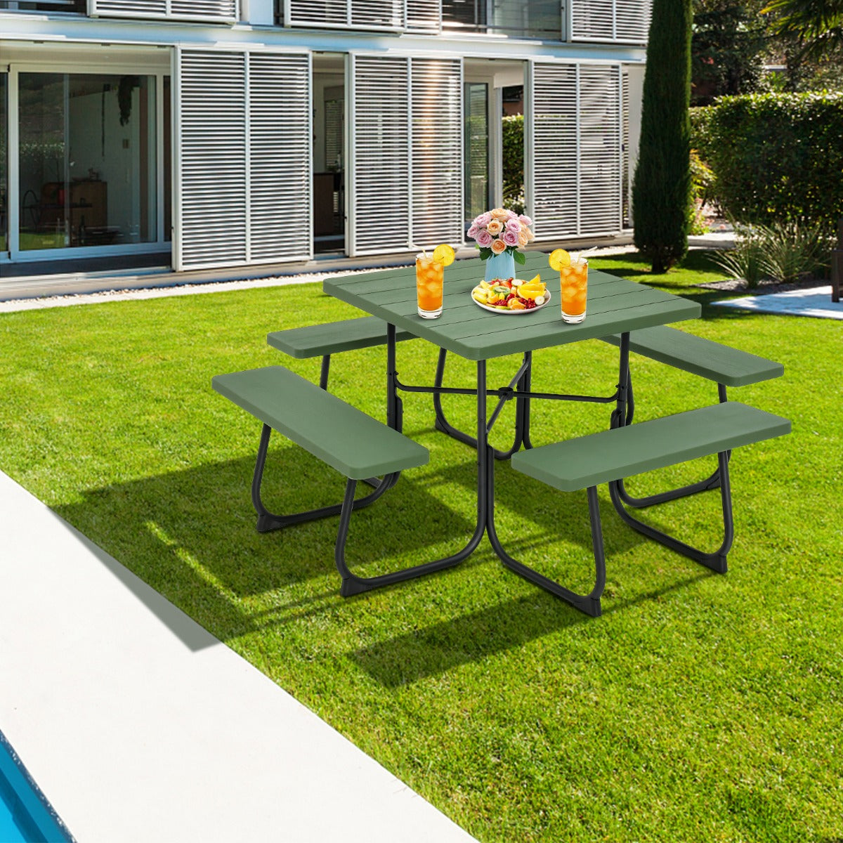 Mesa de Piquenique Quadrada para 8 Pessoas com 4 Bancos e Orifício para Guarda-Sol