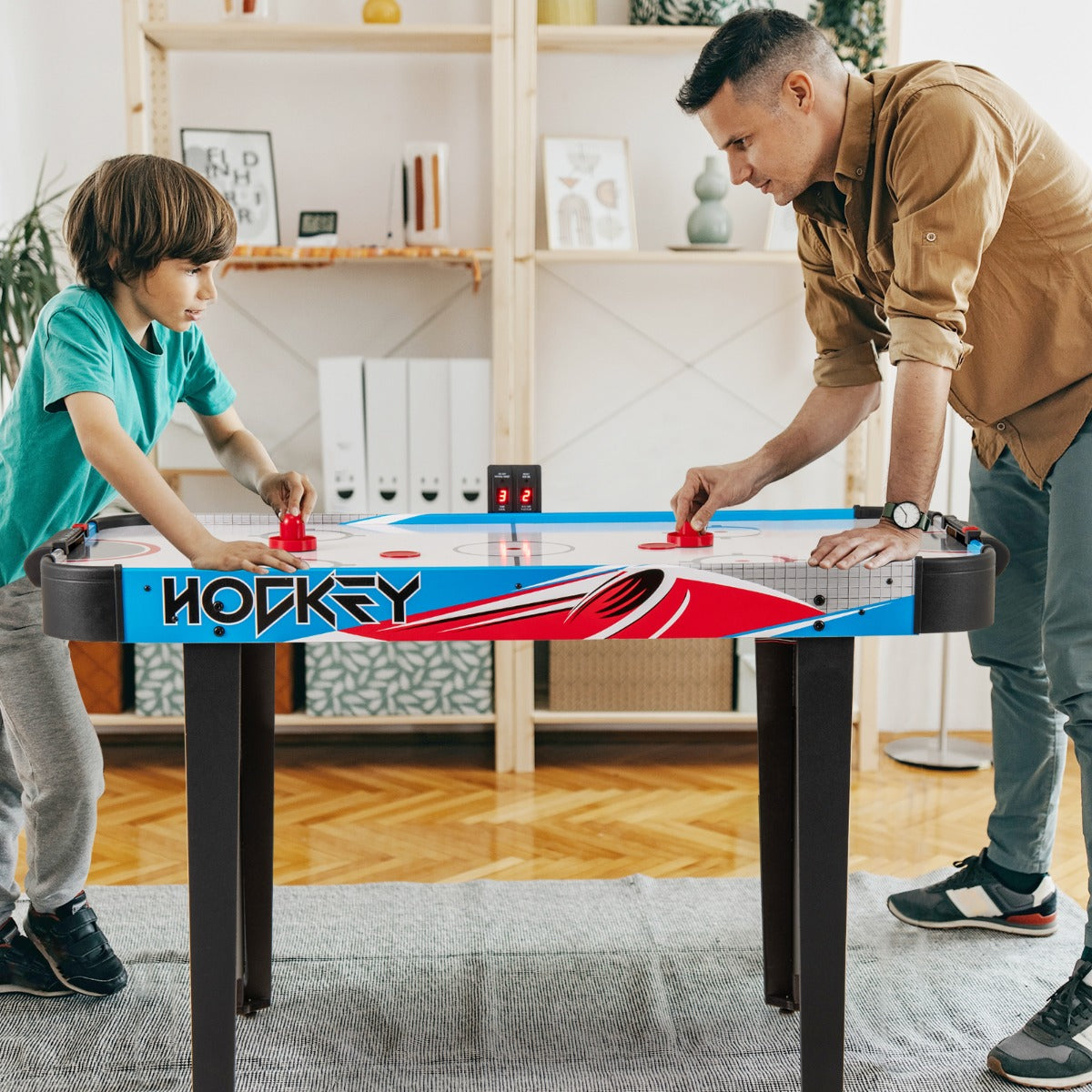 Mesa de Air Hockey com Marcador LED e Potente Motor de 12V com 2 Discos e 2 Paletas para Adultos e Crianças 122 x 61 x 76 cm Azul
