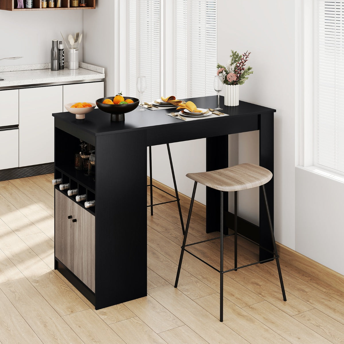 Mesa de Bar com Armazenamento e Tampo de Madeira e Prateleira Ajustável para Estudo Sala de Estar 120 x 60 x 91,5 cm Preto e Cinza