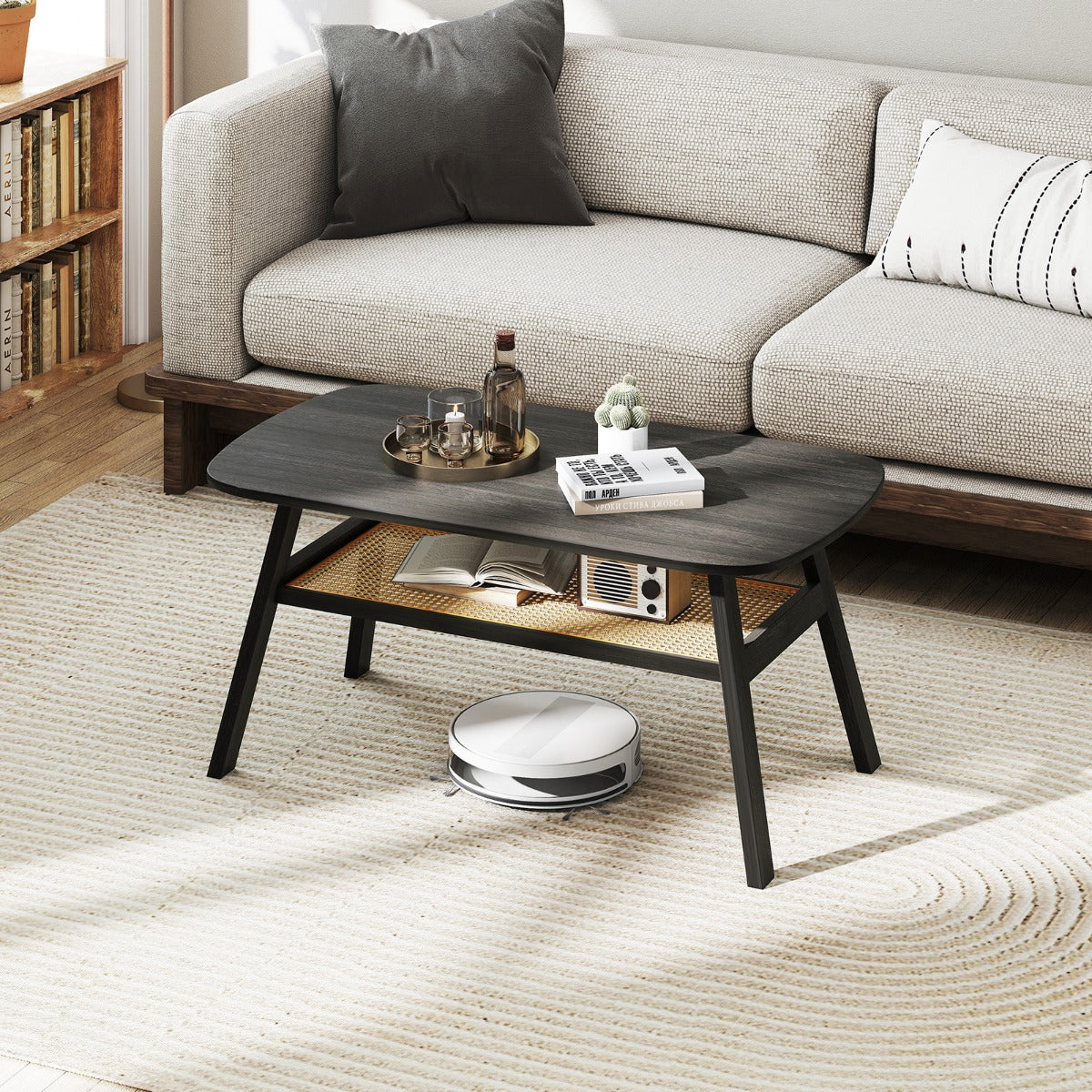 Mesa de Café Retangular de 2 Níveis com Prateleira de Vime e Pernas de Madeira de Borracha para Sala de Estar ou Escritório 100 x 55 x 44,5 cm Cinza Escuro