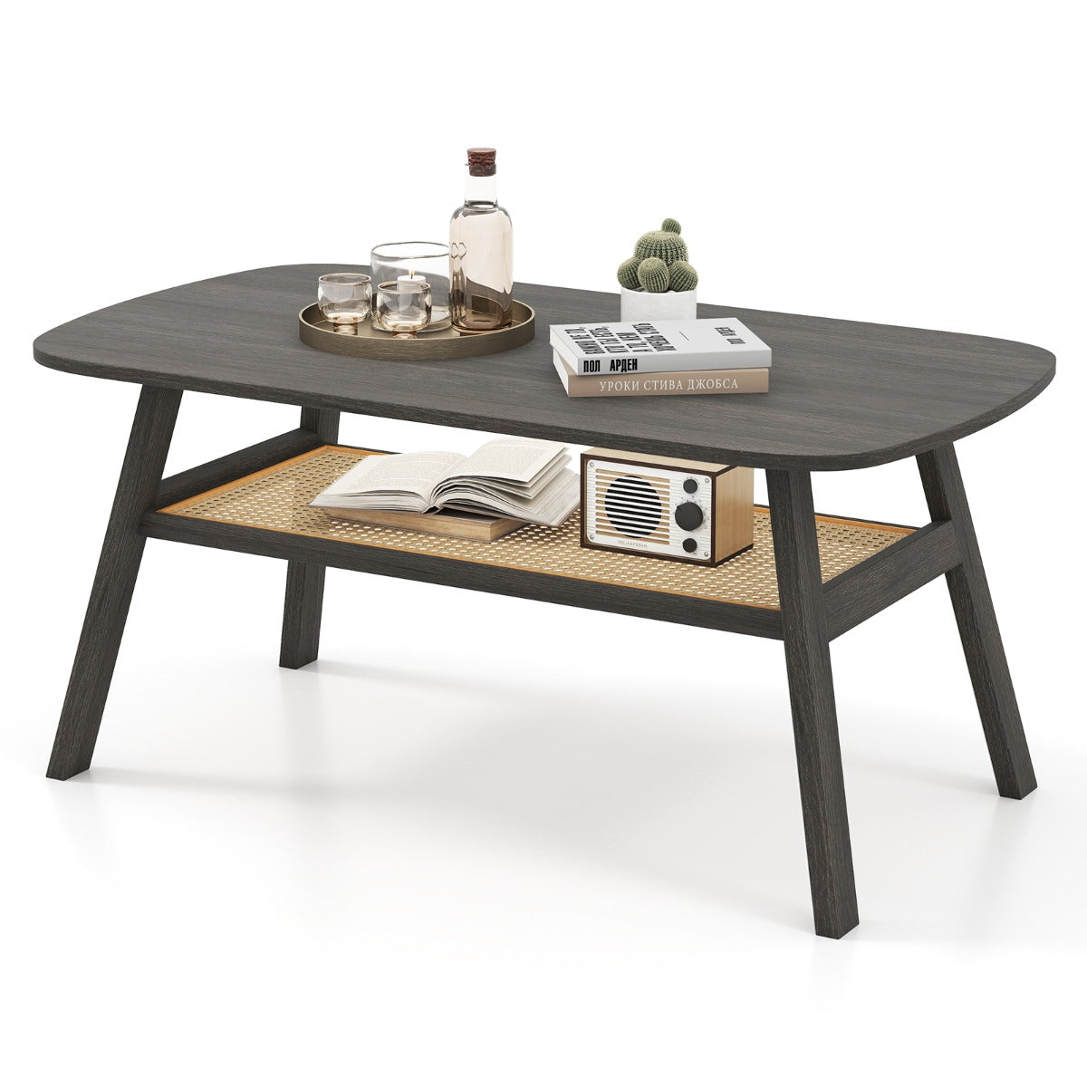 Mesa de Café Retangular de 2 Níveis com Prateleira de Vime e Pernas de Madeira de Borracha para Sala de Estar ou Escritório 100 x 55 x 44,5 cm Cinza Escuro