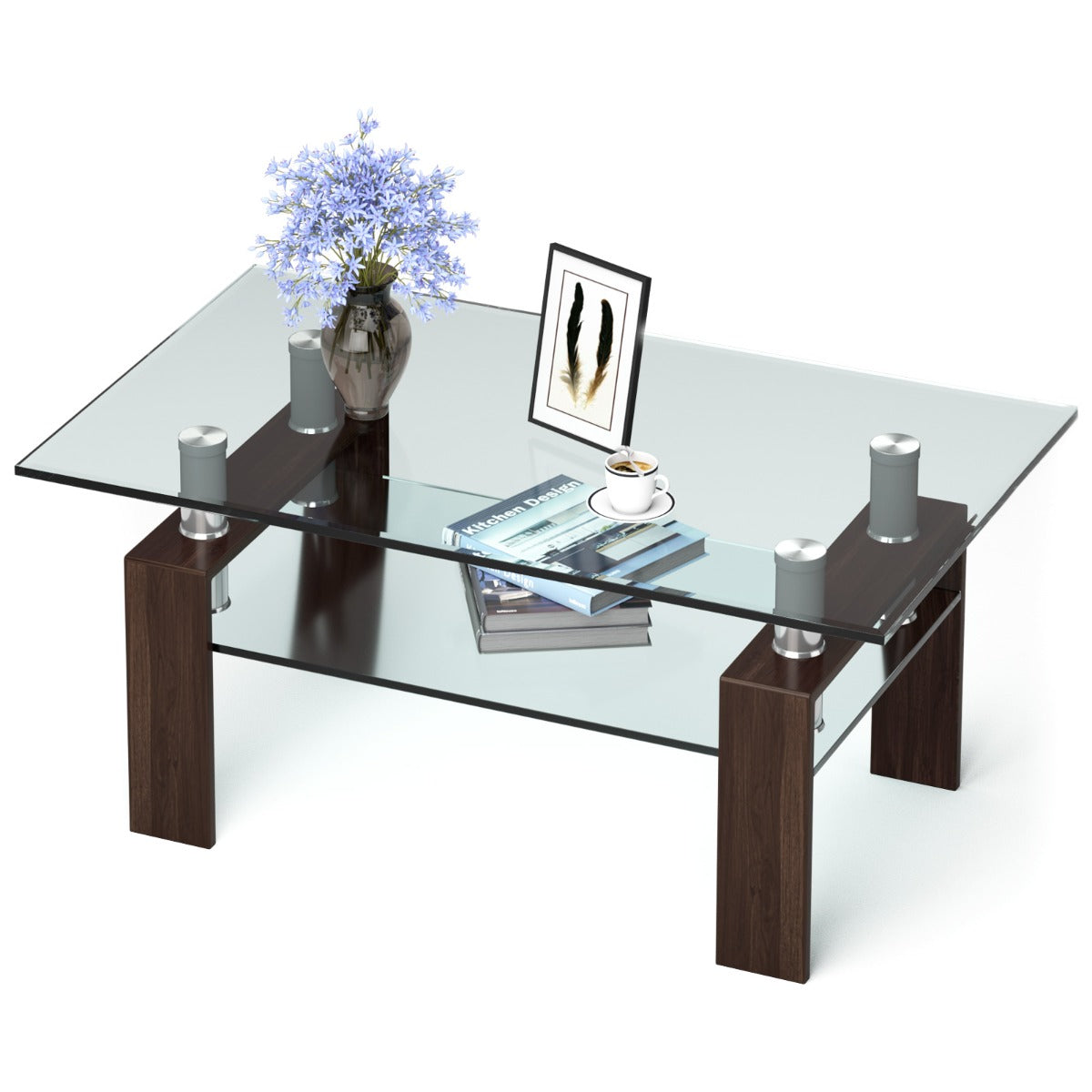 Mesa de Centro Retangular com Tampo de Vidro e Pernas Metálicas e Prateleira para Sala de Estar Escritório 99,5 x 59,5 x 44,5 cm Castanho