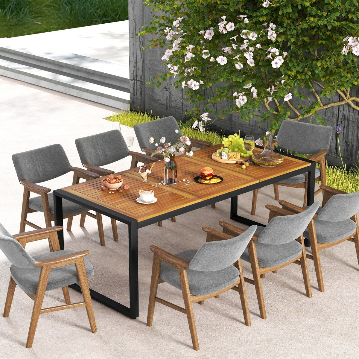 Mesa de Jantar em Madeira de Acácia para 8 Pessoas com Furo para Guarda-Sol de 5 cm