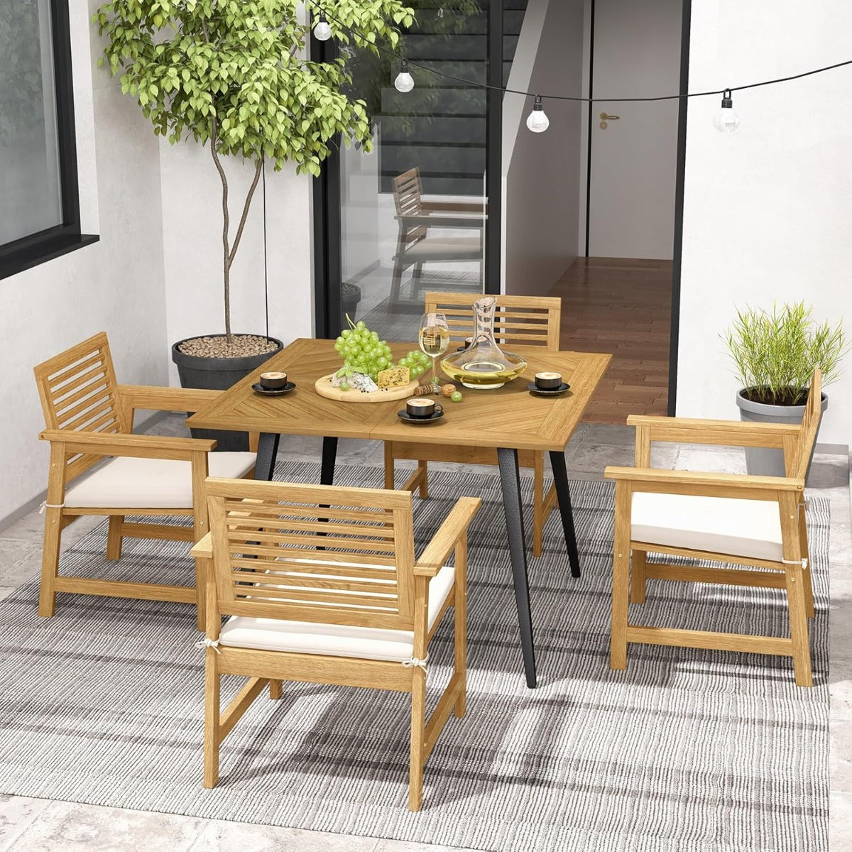 Mesa de Jantar para 4 Pessoas de Exterior em Madeira de Acácia de 107cm com Orifício para Guarda-Sol de 5cm