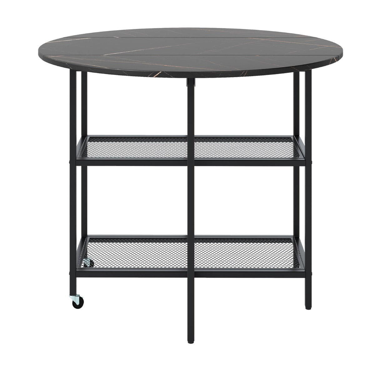 Mesa de Jantar Dobrável Móvel com Mesa Redonda com Aba e 2 Prateleiras e Rodízios Bloqueáveis para Sala de Jantar ou Estar 100 x 100 x 80 cm Preto