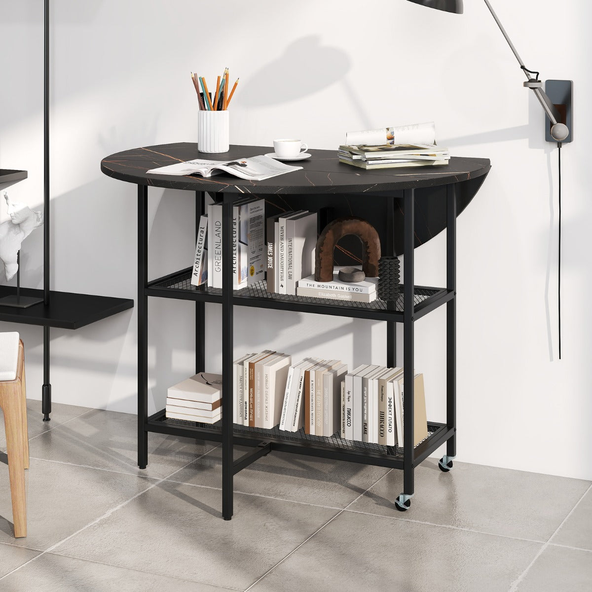 Mesa de Jantar Dobrável Móvel com Mesa Redonda com Aba e 2 Prateleiras e Rodízios Bloqueáveis para Sala de Jantar ou Estar 100 x 100 x 80 cm Preto