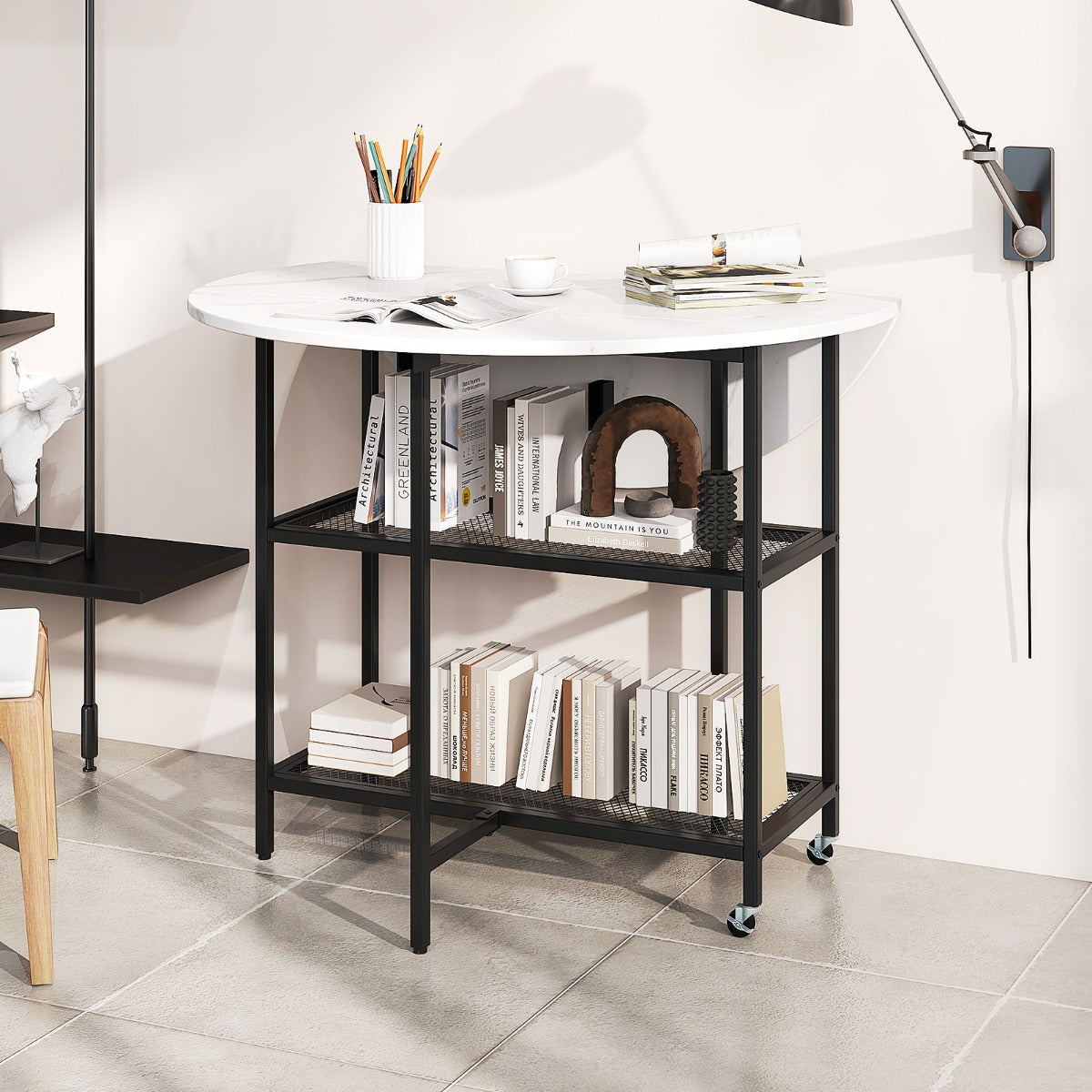 Mesa de Jantar Dobrável Móvel com Tampo Redondo e 2 Prateleiras e Rodízios com Travão para Sala de Jantar 100 x 100 x 80 cm Branco