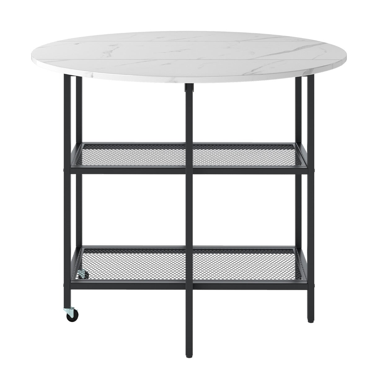 Mesa de Jantar Dobrável Móvel com Tampo Redondo e 2 Prateleiras e Rodízios com Travão para Sala de Jantar 100 x 100 x 80 cm Branco