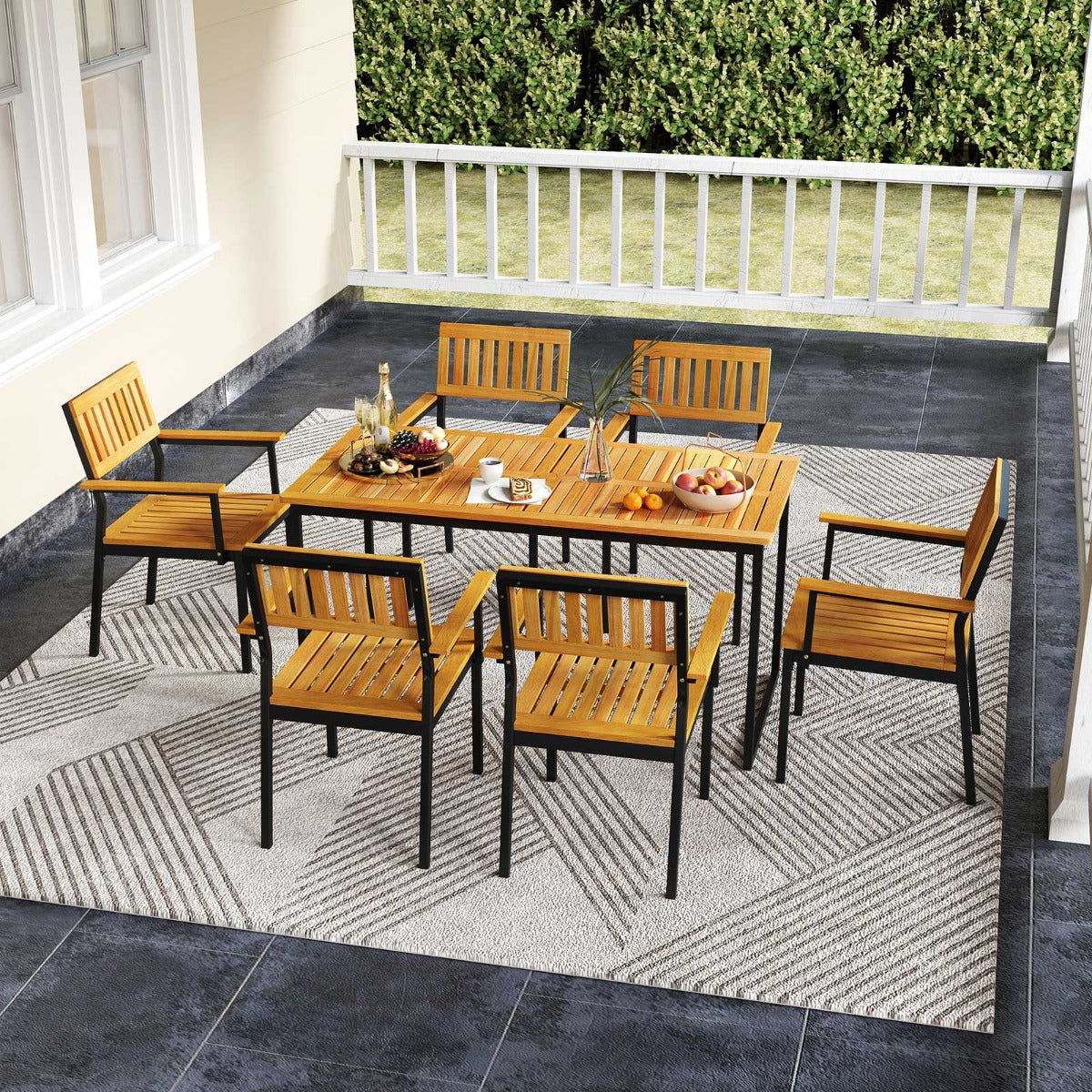 Mesa de Jantar em Madeira de Acácia para 6 Pessoas Retangular de 140cm com Estrutura de Metal e Furo para Guarda-Sol