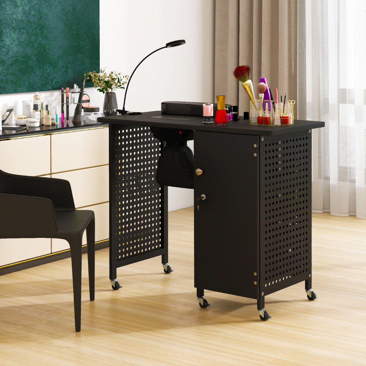 Mesa de Manicura Portátil com Recolhedor de Pó Elétrico, Luz Ajustável e Bolsa de Transporte - Preto