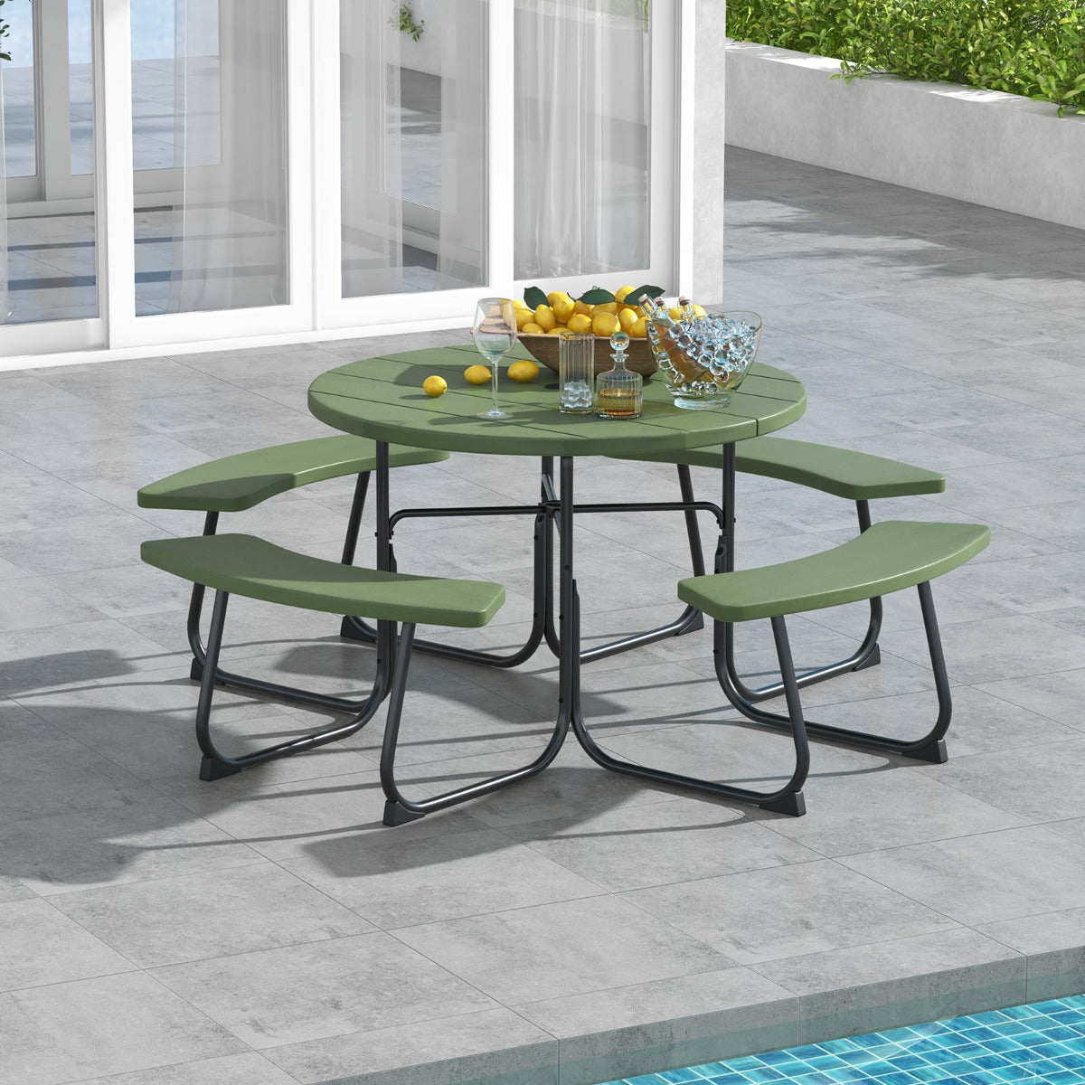 Mesa de Piquenique Circular com 4 Bancos Incorporados e Orifício para Guarda-Sol Estrutura em Metal 190 x 190 x 76 cm Verde
