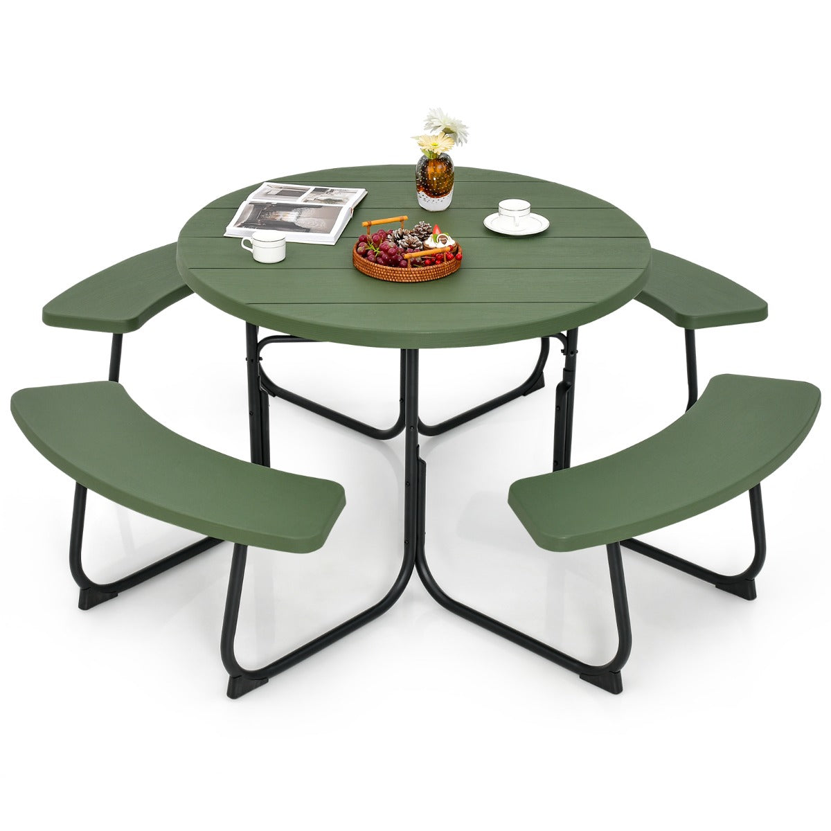 Mesa de Piquenique Circular com 4 Bancos Incorporados e Orifício para Guarda-Sol Estrutura em Metal 190 x 190 x 76 cm Verde