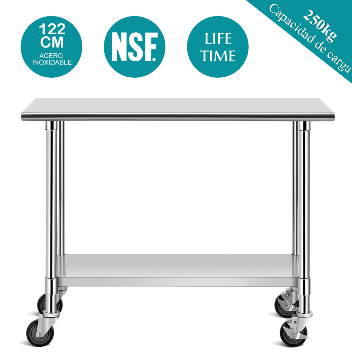 Mesa de Trabalho – 122 x 61 cm – Prateada – Aço Inoxidável