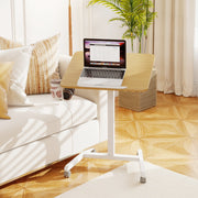 Mesa de Pé Dobrável com Tampo Inclinável a 90° Altura Ajustável com Rodas Universais Gancho e Porta-Copos 60 x 48 x 76-111cm Natural
