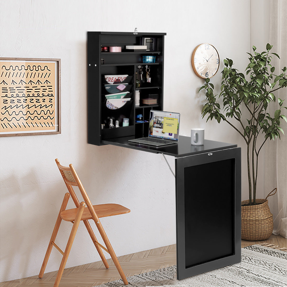 Mesa Compacta Dobrável Montada na Parede Escritório para Computador Conversível com Quadro Prateleira Regulável Preto 87 x 60 x 150 cm