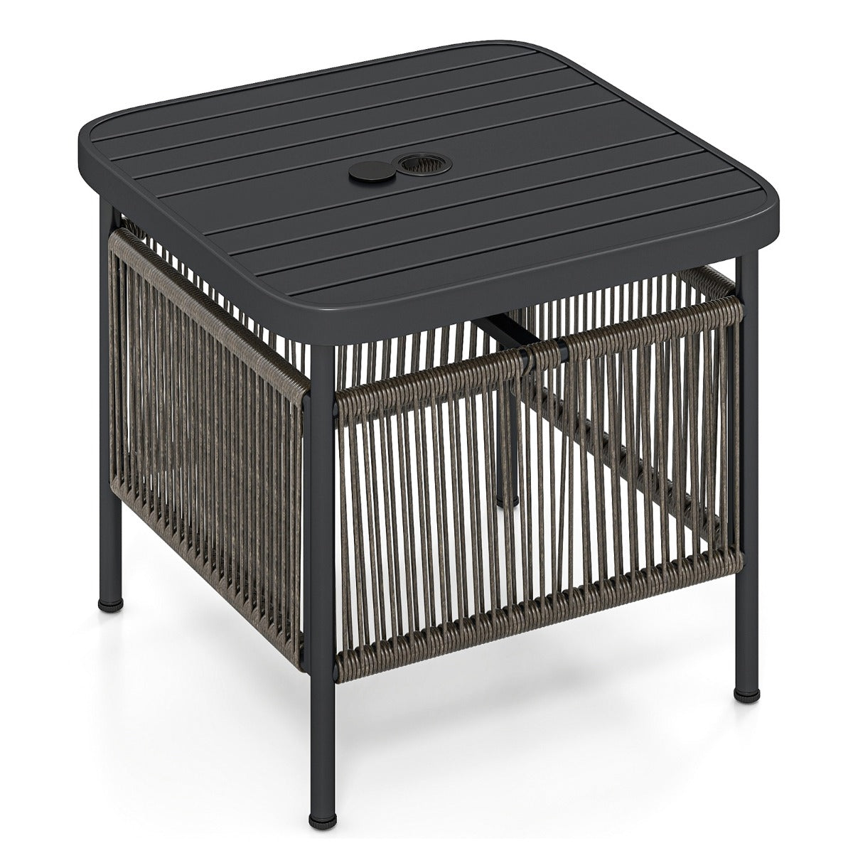 Mesa de Jardim Quadrada para Exterior com Orifício para Guarda-sol e Tampo em Metal com Ripas 56 x 56 x 49 cm Preto e Cinzento