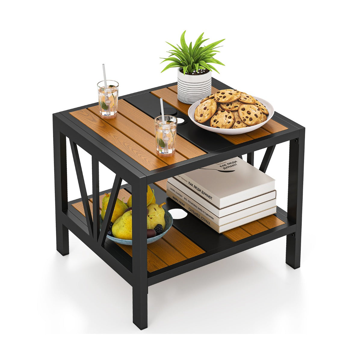 Mesa de Apoio de Jardim Retangular de 2 Níveis com Orifício para Guarda-Sol Estrutura de Metal Veio de Madeira Realista 52 x 46 x 45 cm Natural