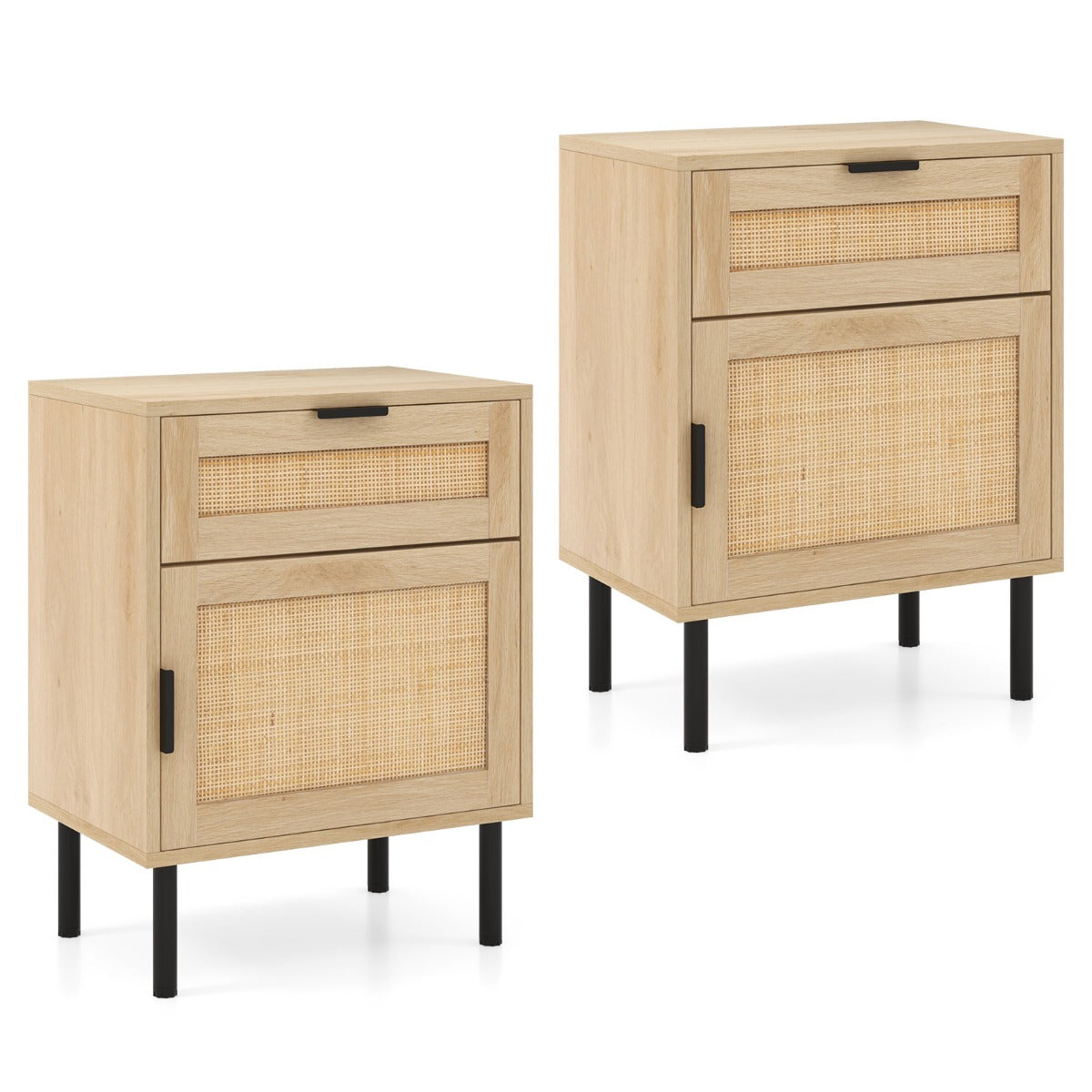 Conjunto de 2 Mesas de Cabeceira em Vime com Gaveta e Armário Pernas Metálicas Estilo Moderno 45 x 30 x 59 cm-Natural