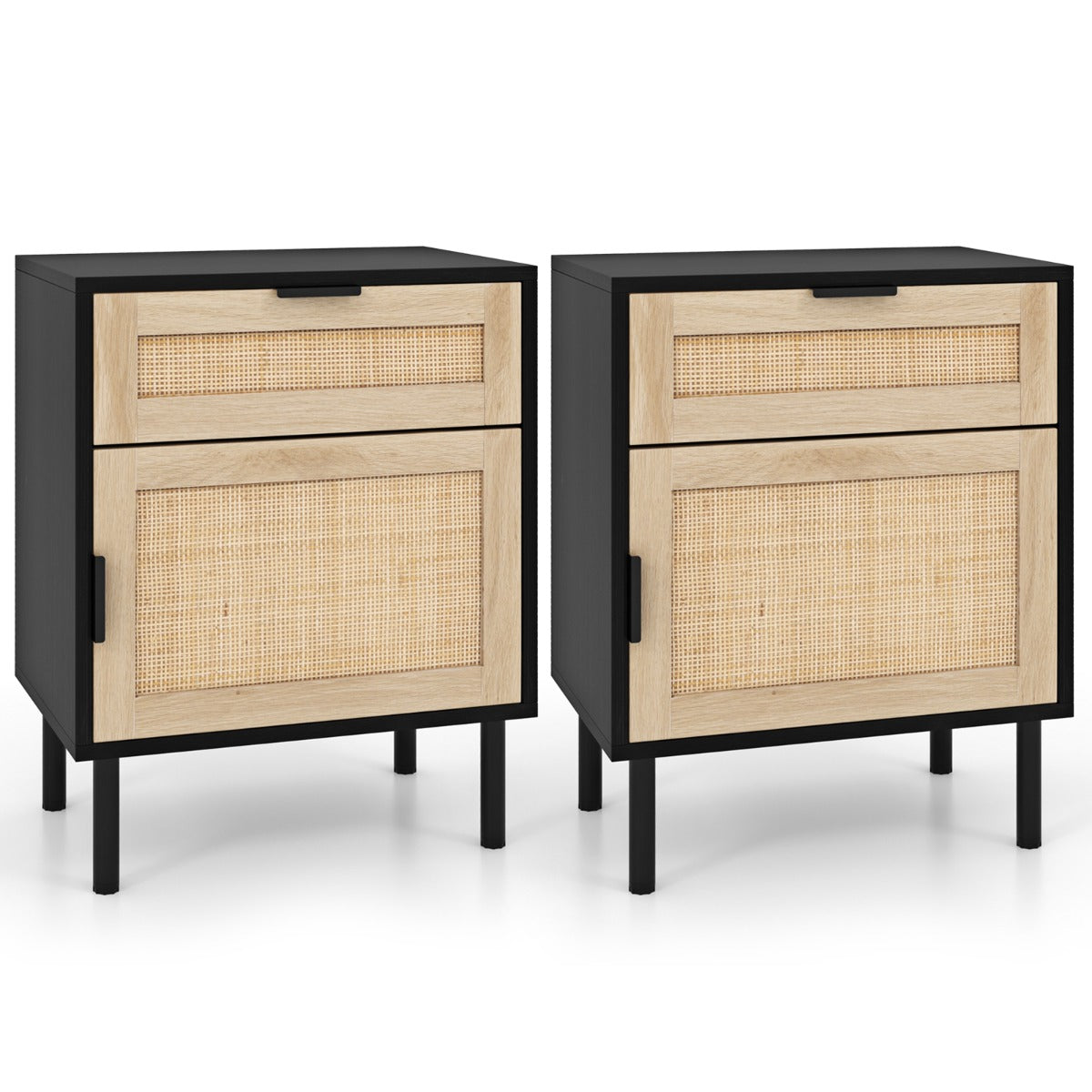 Conjunto de 2 Mesas de Cabeceira em Vime com Gaveta e Armário Pernas Metálicas Estilo Moderno 45 x 30 x 59 cm - Preto