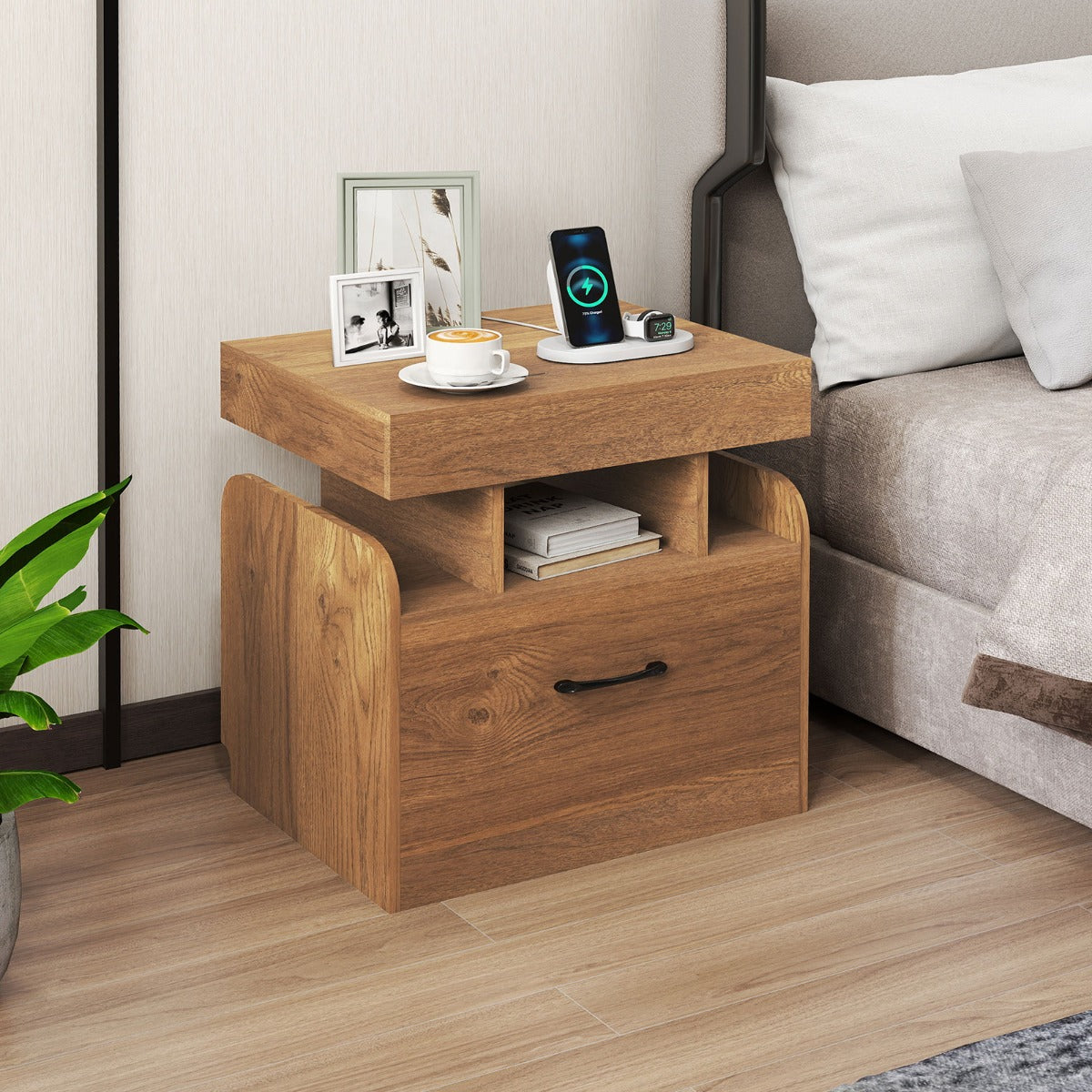 Mesinha de Cabeceira com Estação de Carregamento com Gaveta e Armazenamento com Tabuleiro e Prateleiras Abertas para Quarto Sala 50 x 40 x 55 cm Natural